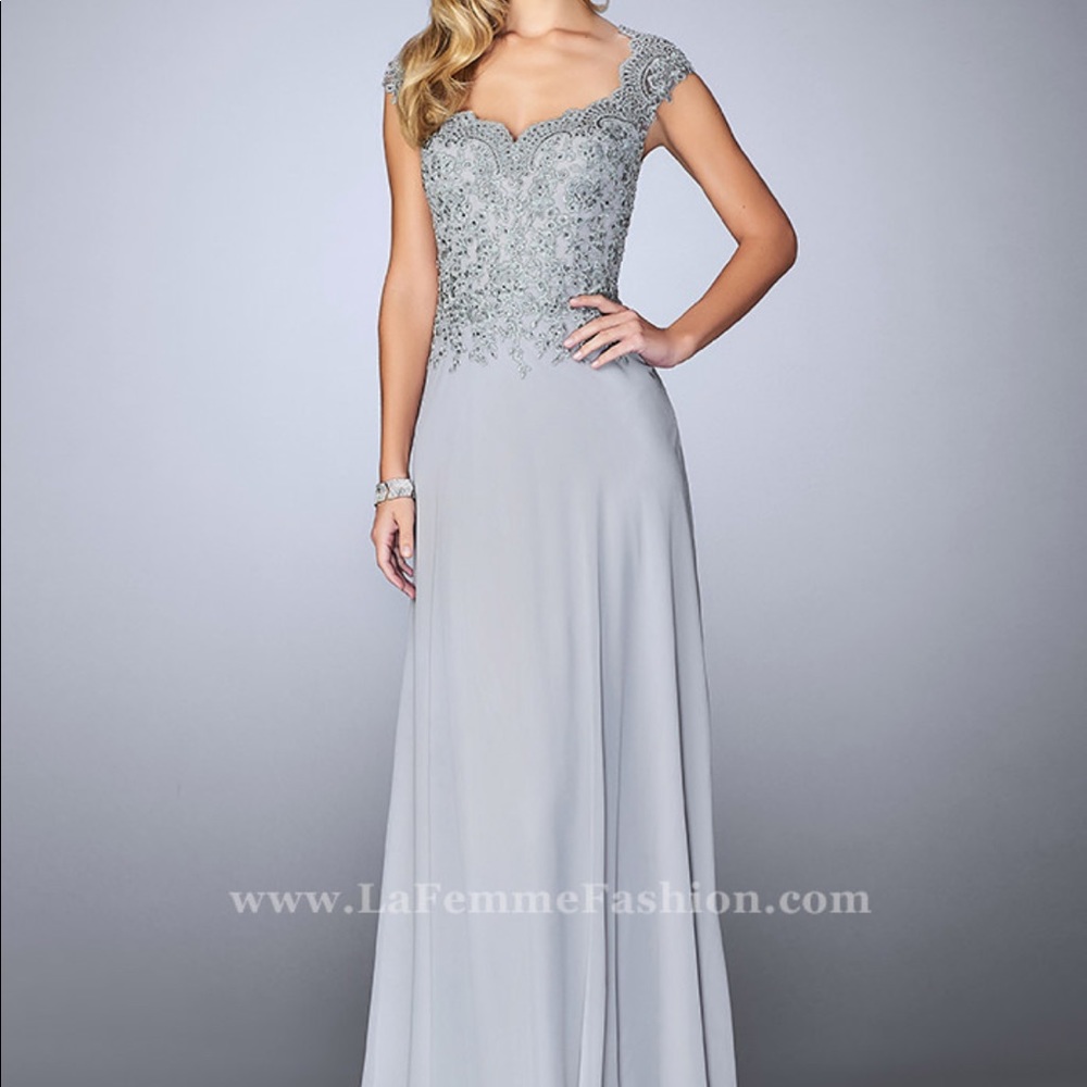 La Femme 23286 Silver Gray Embroidered Gown 6